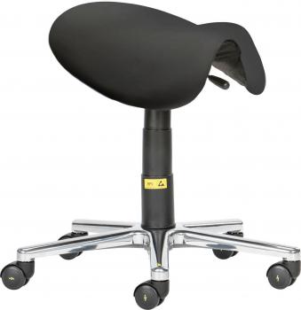 The chair has an oval, black seat without a backrest and is mounted on an adjustable, black column base. Five casters allow for easy movement. The base appears silver and shiny.