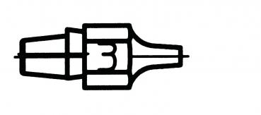 The image shows a stylized drawing of a pencil sharpener. It has a conical shape with an opening on the front and a central constriction that symbolizes the sharpening.