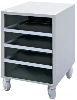 A small, white rolling cabinet with four drawers. The drawers are gray and have silver handles. The cabinet stands on four wheels and has a smooth top surface.