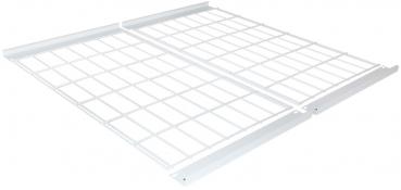 The image shows a rectangular, white metal grid shelf. It has a coarse, subdivided structure with vertical and horizontal bars that provide stability and ventilation.