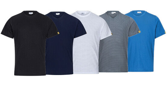 The image shows a light blue t-shirt with fine white stripes. It has short sleeves and a round neckline. The surface appears smooth and plain, without any conspicuous decorations.