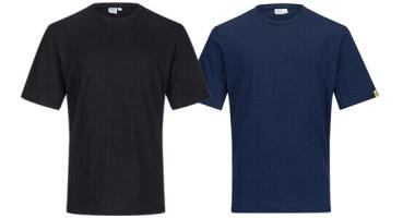 The image shows a solid, dark blue t-shirt with short sleeves. It has a round neckline and is plain, with no patterns or prints. A small logo is located at the bottom edge.