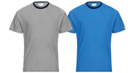 The image shows a gray striped T-shirt with a tight, dark blue crew neck. There is a small, yellow logo on the left shoulder.