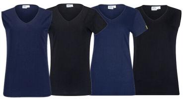 The image shows a dark blue V-neck t-shirt with short sleeves. It has a simple, straight cut and is made from soft fabric.