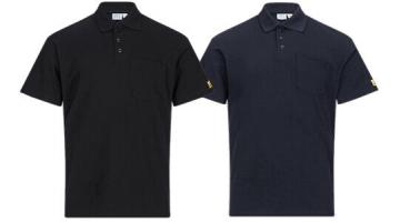 The image shows a simpler, dark blue polo shirt. It has a collar, a short button placket, and a chest pocket on the left side. A small logo is attached to the right sleeve.