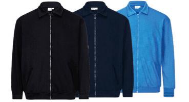 The image shows a dark blue sweatshirt with a stand-up collar and a full-length zipper. It has long sleeves and a simple, elegant cut without patterns.