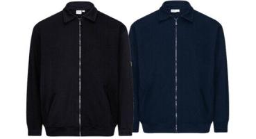 The image shows a dark blue jacket with a high collar and a full-length zipper. It has long sleeves and is designed simply, perfect for sporty or casual outfits.