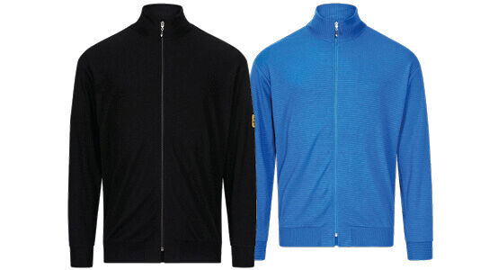 Das Bild zeigt eine knallblaue Jacke mit einem kurzen Stehkragen. Sie hat einen durchgehenden Reißverschluss und ist in einem sportlichen Stil gehalten. Die Ärmel sind lang und der Stoff wirkt weich.