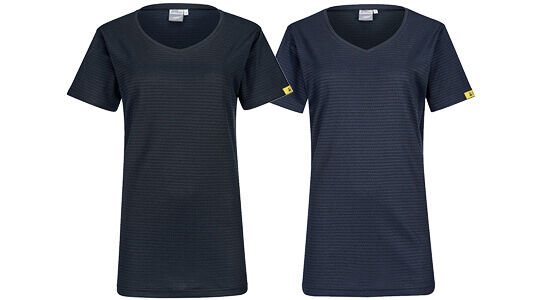 The image shows a black short-sleeved T-shirt with a V-neckline. It features a textured fabric and a small yellow label on the side.