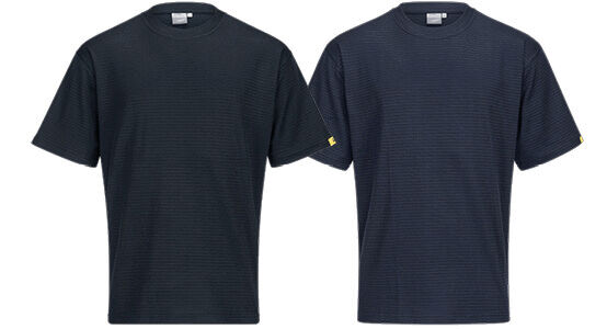 The image shows a dark, short-sleeved T-shirt with fine, horizontal stripes. It features a round neckline and a classic, relaxed fit.