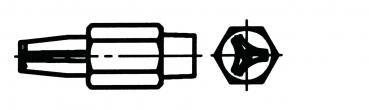 The image shows a black-and-white diagram of a tool. On the left is a cylindrical end with two narrow sections, on the right a hexagonal head with three notches in the shape of a Y.