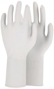The image shows a pair of white, long-sleeved gloves. They are made from a smooth, elastic material and look hygienic and functional, ideal for medical or cleaning purposes.