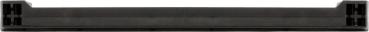 The image shows a black, rectangular object with rounded edges. It has small bumps or indentations at the ends. It appears sturdy and could be a part of a larger device.