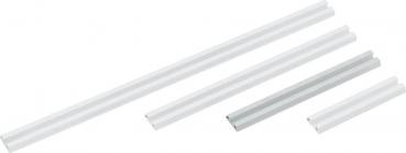 The image displays multiple elongated, rectangular aluminum profiles in various lengths and widths. They are smooth and shiny, with straight edges and a silver or white hue.