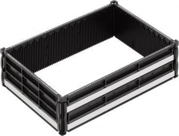 The image shows a rectangular container made of black and silver material. It has tall walls with lines and openings that provide a stable structure. The interior is empty.