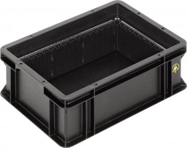 Das Bild zeigt eine rechteckige, flache Kunststoffbox in Schwarz. Sie hat glatte Wände und eine gerillte Innenseite. Die Ecken sind abgerundet, und die Box hat eine stabile Form.