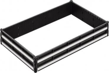 The image shows a rectangular, open container with black walls and white stripes on the short sides. The walls have a textured surface with upright, narrow indentations.