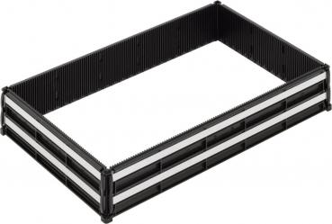 The image shows a rectangular, open basket with black plastic edges and vertical structural elements. The inner surface is empty and smooth, ideal for storage.