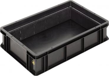 The image shows a rectangular, black plastic box without a lid. It has high walls and a smooth interior surface with vertical grooves on the sides. Ideal for storage or transport.