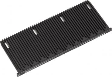 The image displays a flat, elongated black object with a ribbed pattern and several small openings. It appears sturdy and could be part of a technical device.