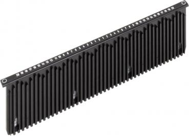 The image shows a long, narrow black plastic object with numerous longitudinal stripes. On one side, numbers from 1 to 20 are printed, representing a scale.