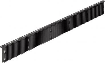 The image shows a long, black plastic strip with many narrow grooves. These grooves are evenly arranged and give the strip a striped appearance. The strip could be part of a technical device or accessory.