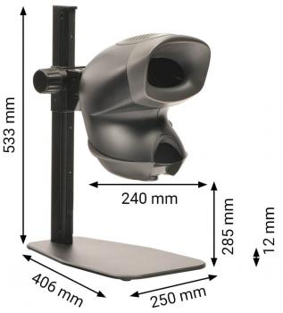 Das Bild zeigt ein Gerät mit einer großen, runden Öffnung vorne, das an einem stabilen Standfuß befestigt ist. Es hat eine schwarze Oberfläche und misst insgesamt etwa 53 cm in der Höhe.