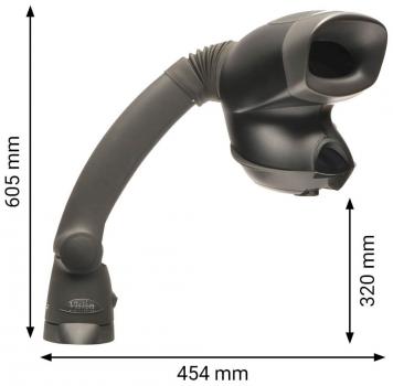 Das Bild zeigt einen schwarzen Handscanner mit einem flexiblen Arm. Der Arm misst 605 mm in der Höhe und 454 mm in der Breite. Der Scanner hat eine Öffnung an der Spitze, durch die gescannt wird.