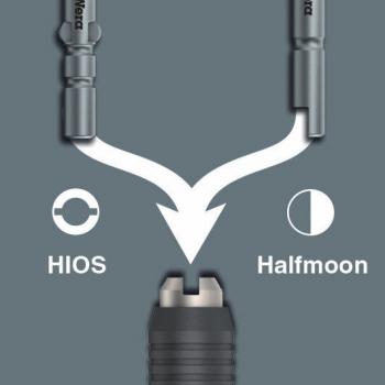 The image shows a schematic representation of two types of connectors, HIOS and Halfmoon, leading into a common socket. The connection lines are clear and illustrate the connection.