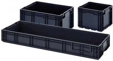 It is a long, rectangular box made of black plastic. It has tall, straight walls and a smooth, open top, suitable for storing or transporting items.