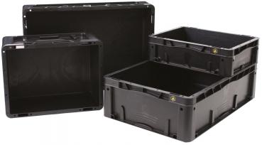 Es handelt sich um eine schwarze, rechteckige Kunststoffbox. Sie hat hohe Wände und eine offene Oberseite. Die Kanten sind abgerundet, und die Oberfläche ist glatt.