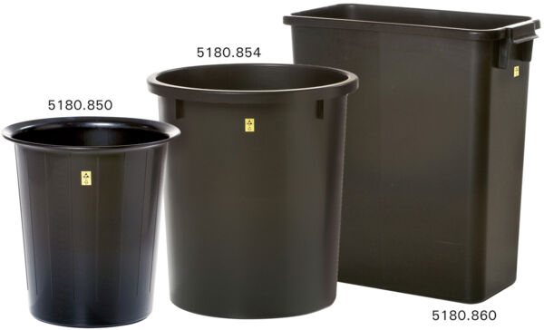 It is a black trash can with a smooth, slightly curved shape. The top edge is round and the can has a flat base. There is a yellow symbol on the front.