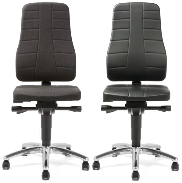 The image shows a black office chair with a high, straight backrest and a padded seat. The chair has five casters and an adjustable base.