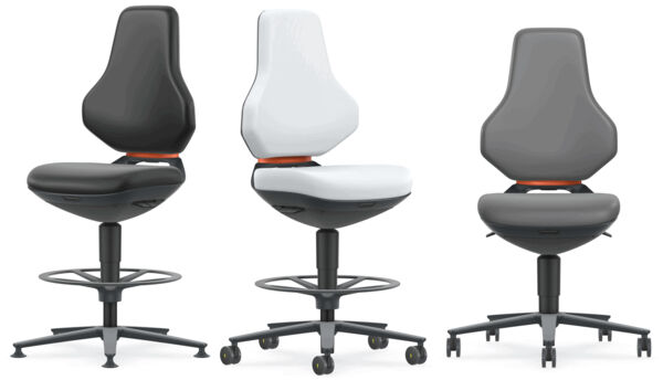 The chair has a tall, narrow backrest and a padded seat. It stands on a stable base with five casters and a round footrest. The color scheme is predominantly black.