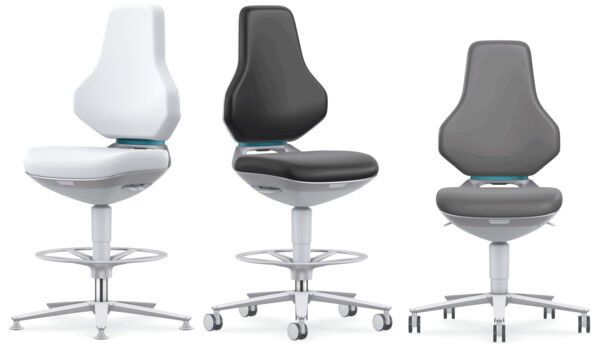The chair has a high, curved backrest and a padded seat in black. The base is silver-colored with a round foot and a foot ring for support.