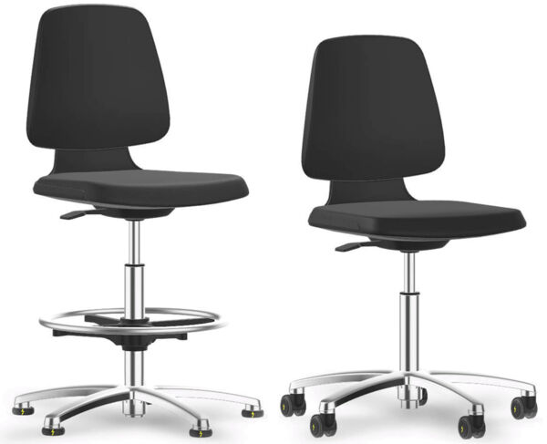The office chair has a curved backrest and a padded seat in black. It stands on a chrome base with five casters and has a foot ring for support.
