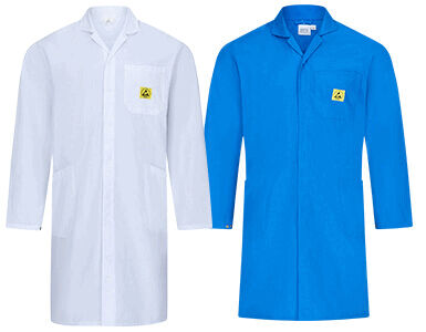 The image shows a long white coat with a collar. It has long sleeves, a chest pocket with a yellow emblem, and two side entry pockets. The fabric appears light and breathable.