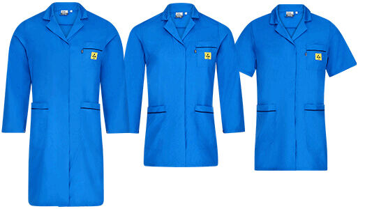 The image shows a blue lab coat with long sleeves. The coat has a collar, two front pockets, and a small attached warning symbol on the left side.