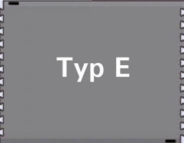 The image shows a gray rectangular background with the large white inscription "Type E" in the middle. On the sides, small notches or indentations can be seen.