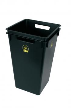 The image shows a rectangular, black plastic garbage bin. It has an open top and two side handles. A yellow waste prevention symbol is affixed to it.