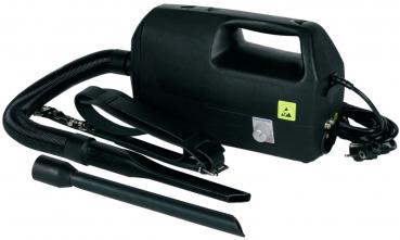 The image shows a black handheld vacuum cleaner with a handle. Attached to the device are a flexible hose and two different attachments used for vacuuming.