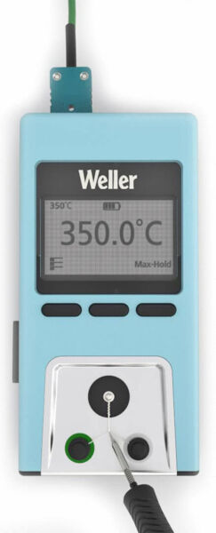 The image shows a digital thermometer from Weller. It has a blue casing with a large digital display that reads 350 °C. There is a connector on the side.