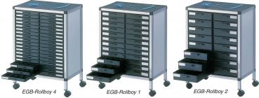 The image shows a rolling cart with 16 black drawers and a work surface on top. The cart is on wheels and has several drawers open on one side.