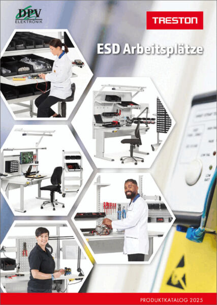 Bild zeigt mehrere Menschen in Arbeitskleidung an ESD-Arbeitsplätzen. Sie halten Werkzeuge oder Geräte. Im Hintergrund erkennt man Regale mit Werkzeug. Oben steht "ESD Arbeitsplätze".