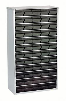 The image shows a vertical cabinet with 20 small, black drawers. The cabinet has a white structure and a smooth surface. Ideal for storing small items.