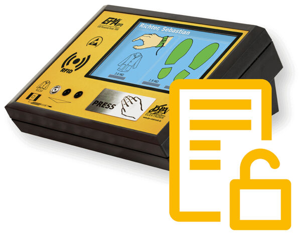 Das Bild zeigt ein gelbes Kontrollgerät mit einem Bildschirm. Auf dem Bildschirm sind ein Hand-Symbol und ein Anzug abgebildet. Daneben ist ein Symbol für ein offenes Schloss.