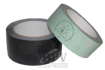 The image shows two rolls of tape. One roll is black, the other light green. Both have an empty inner core and are lying next to each other.