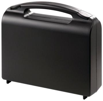 Es handelt sich um eine schwarze, rechteckige Aktenbox mit einem geöffnete Deckel. Sie hat einen Griff und eine flache Innenseite ohne Fächer, ideal zum Transport von Dokumenten oder anderen Gegenständen.