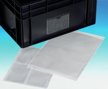 The image shows a black storage container with a viewing window and transparent plastic sleeves that are partially protruding. The background is light blue.