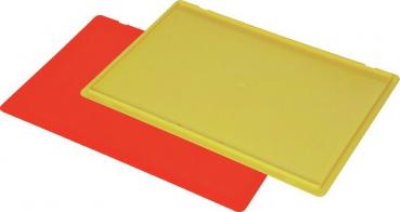 Es sind zwei rechteckige Platten zu sehen. Eine ist gelb und die andere rot. Sie sind flach und aus einem Material, das leicht wirkt. Die gelbe Platte liegt oben auf der roten.